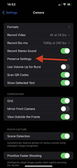 a cell phone showing the settings of the camera settings.