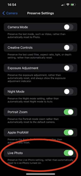 the camera settings on an iphone.