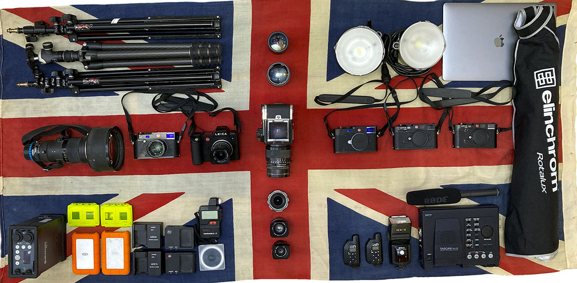 a british flag with a lot of cameras and equipment on it.
