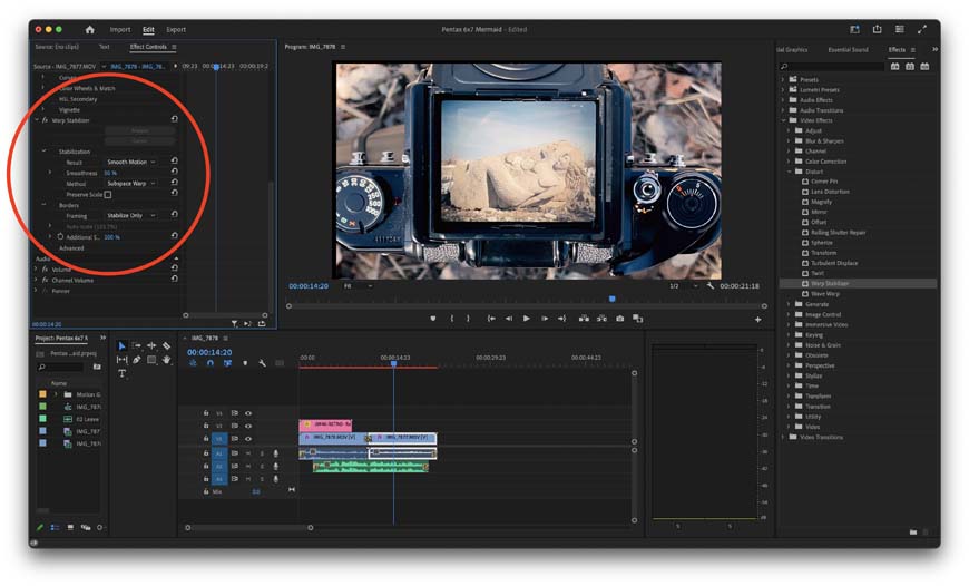 A screenshot of Adobe Premiere Pro highlighting the Warp Stabilizer effect menu