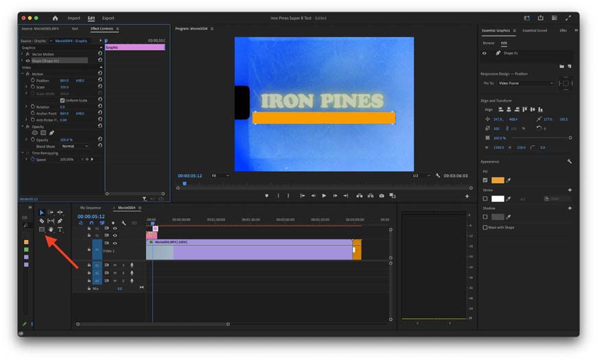 A screenshot of Adobe Premiere Pro highlighting the create shape tool