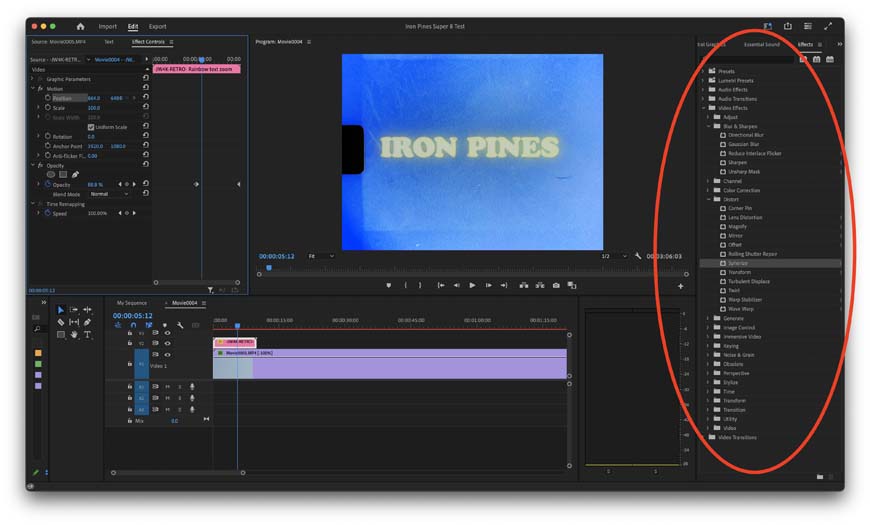 A screenshot of Adobe Premiere Pro highlighting the essential effects window