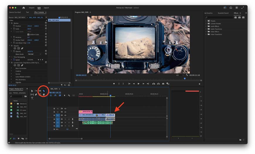 Adobe Premiere Pro's timeline workspace showing the split clip feature