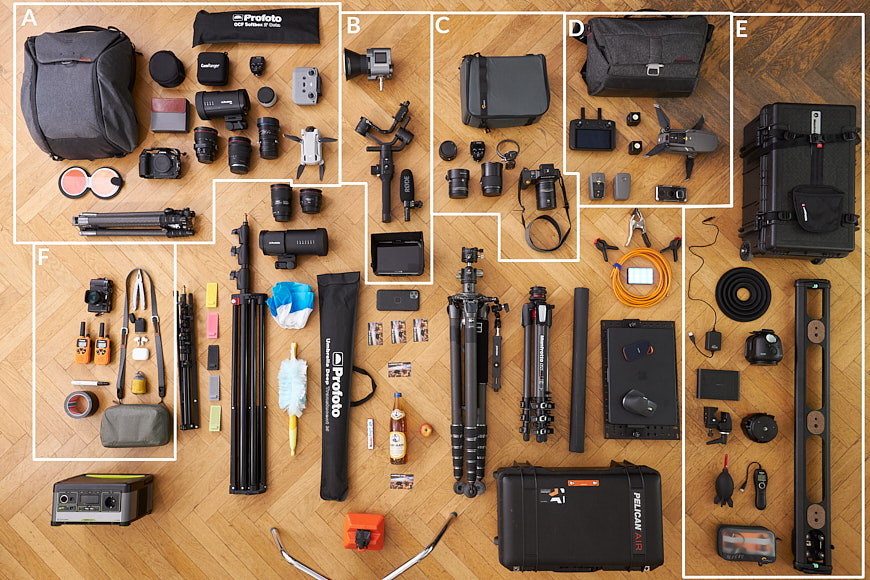 a list of camera equipment laid out on a floor.