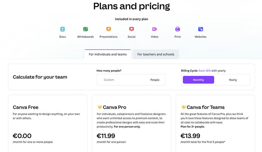 a screen shot of Canva website pricing page.