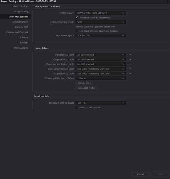 a screen shot of the settings for DaVinci Resolve colour management