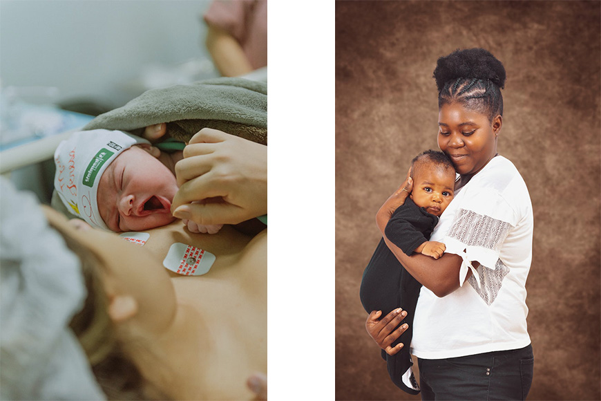 two pictures of a woman holding a baby and a woman holding a baby.