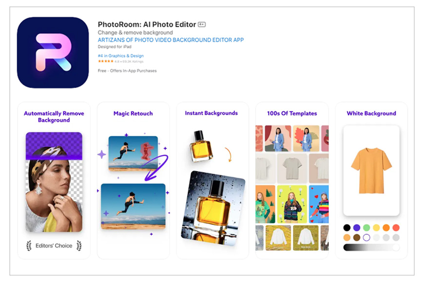 a screen shot of PhotoRoom: AI Photo Editor app homepage.