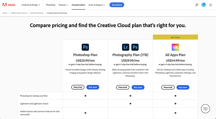 a screen shot of the creative cloud pricing page.