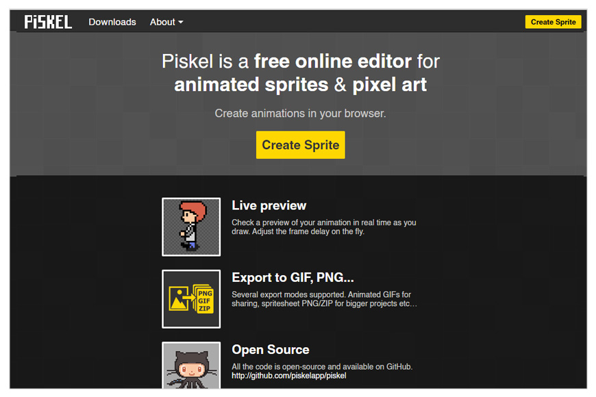 A screenshot of Piskel homepage