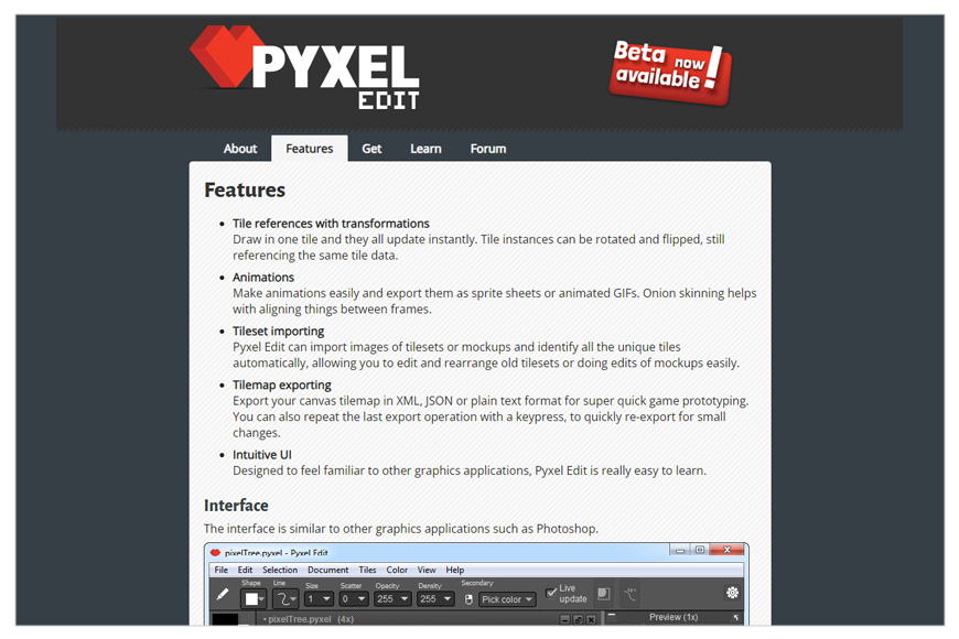 A screenshot of Pyxel Edit homepage