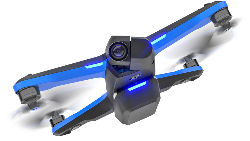 a blue and white drone with lights on it.