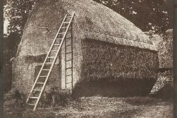 an old photo of a thatched house with a ladder.