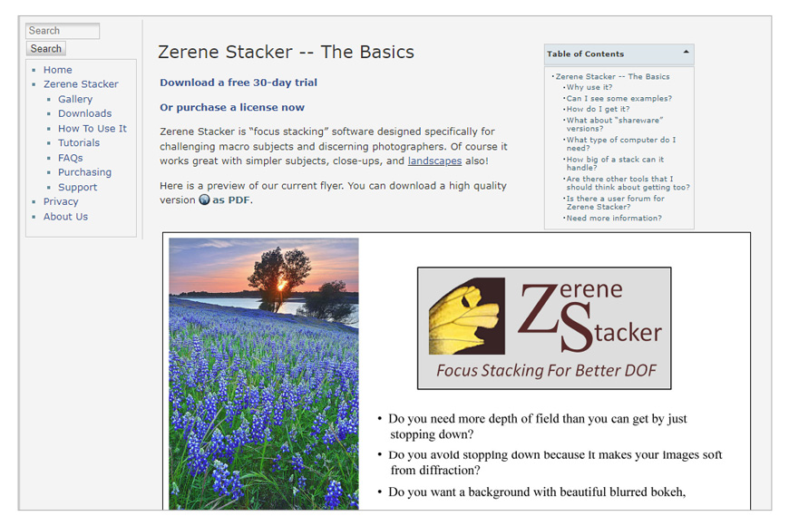 a screen shot of the Zerene Stacker website.