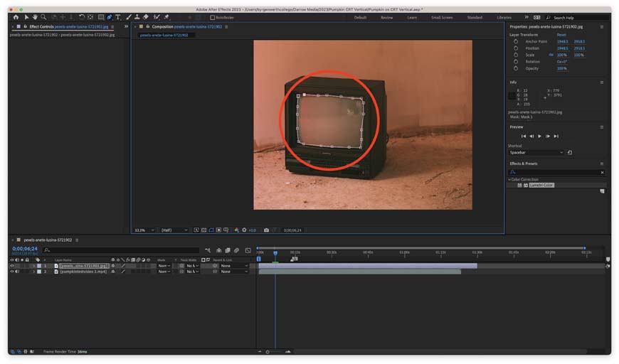 Adobe after affects screen shot showing a basic shape drawn on video footage