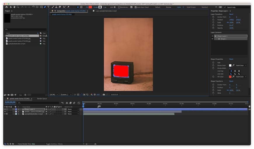 Adobe after affects screen shot showing a shape layer over footage