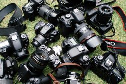 A group of cameras laying on the grass.