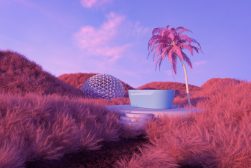 a 3d rendering of a desert landscape with a palm tree and a bathtub.