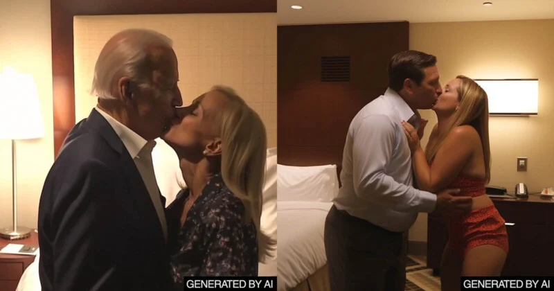 two pictures of a man kissing a woman in a hotel room.