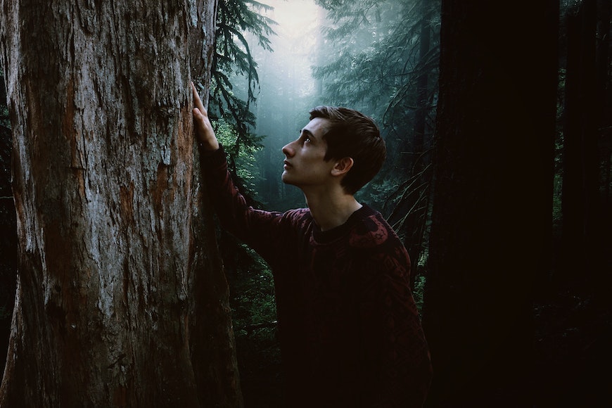 a man leaning against a tree in the forest.