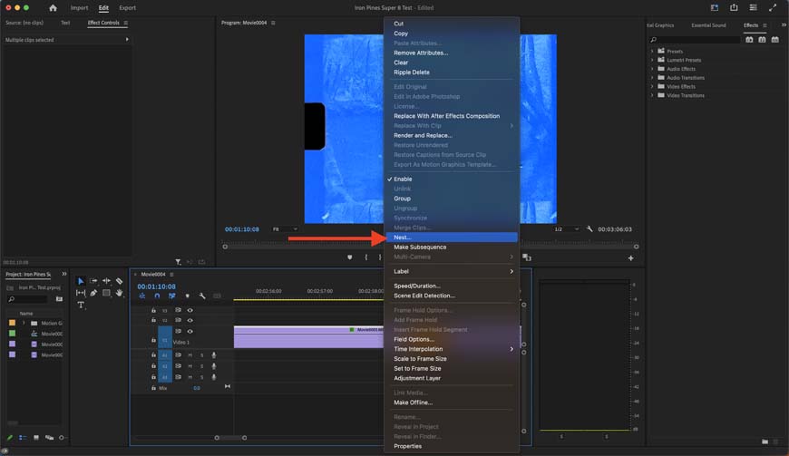 Adobe premiere pro cs6 screenshot showing the "nest" function.