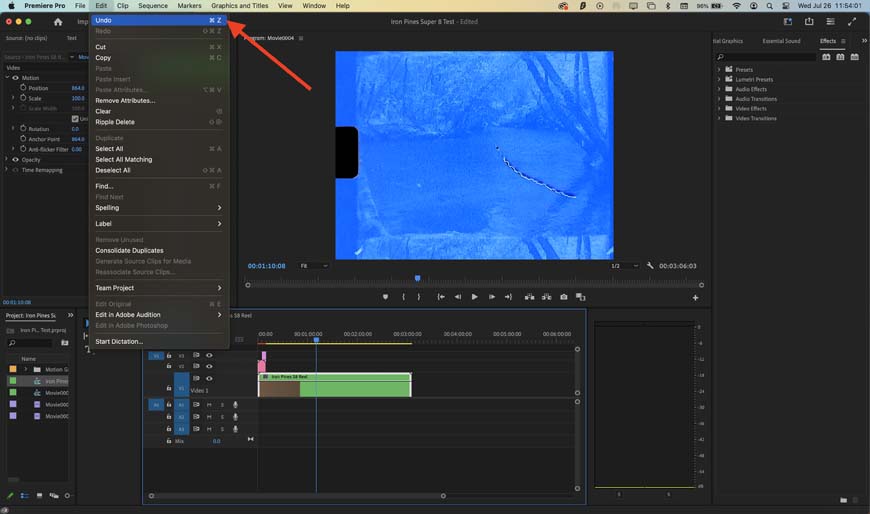 Adobe premiere pro cs6 screenshot showing the undu menu