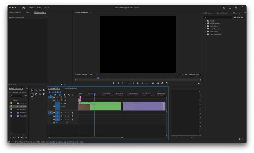 Adobe premiere pro cs6 screenshot showing clips highlighted on the timeline.
