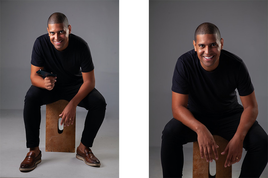 two pictures of a man sitting on a wooden box.