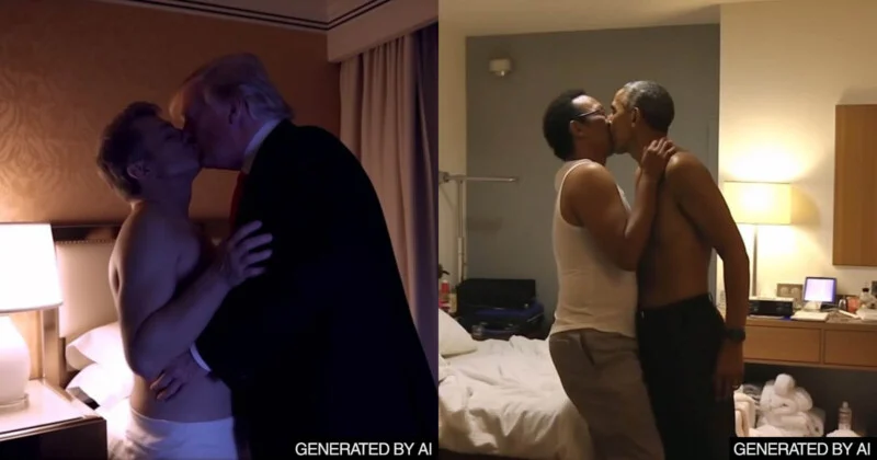 Two pictures of a man kissing another man in a hotel room.