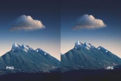 Two pictures of a mountain with clouds in the sky.