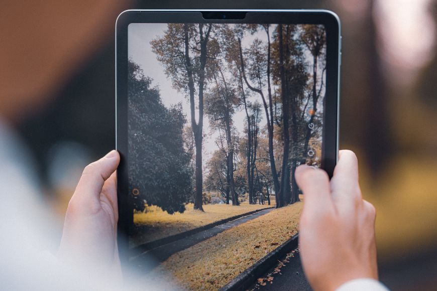 A person holding up a tablet with a picture of a forest.