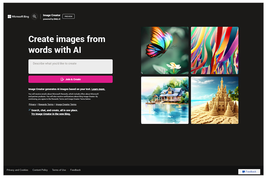 A screenshot of Bing Image Creator homepage.