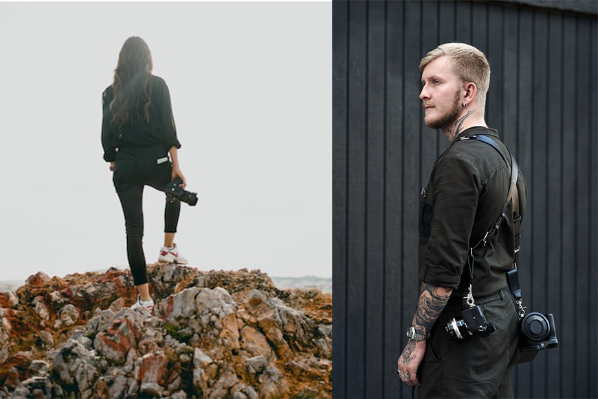 Two pictures of a man and a woman standing on a rock.