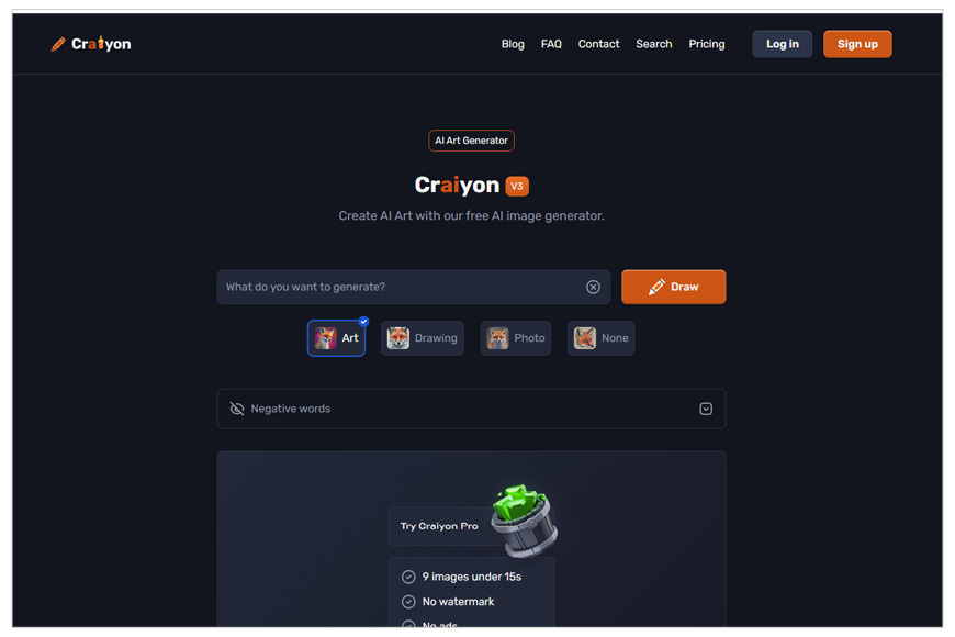 A screen shot of Craiyon homepage.
