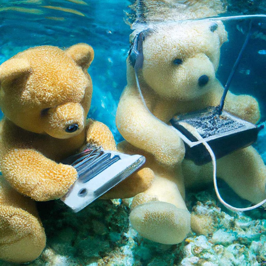 Two teddy bears in the water.