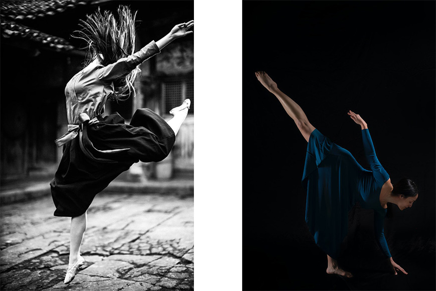 A black and white photo of a dancer and a black and white photo of a dancer.