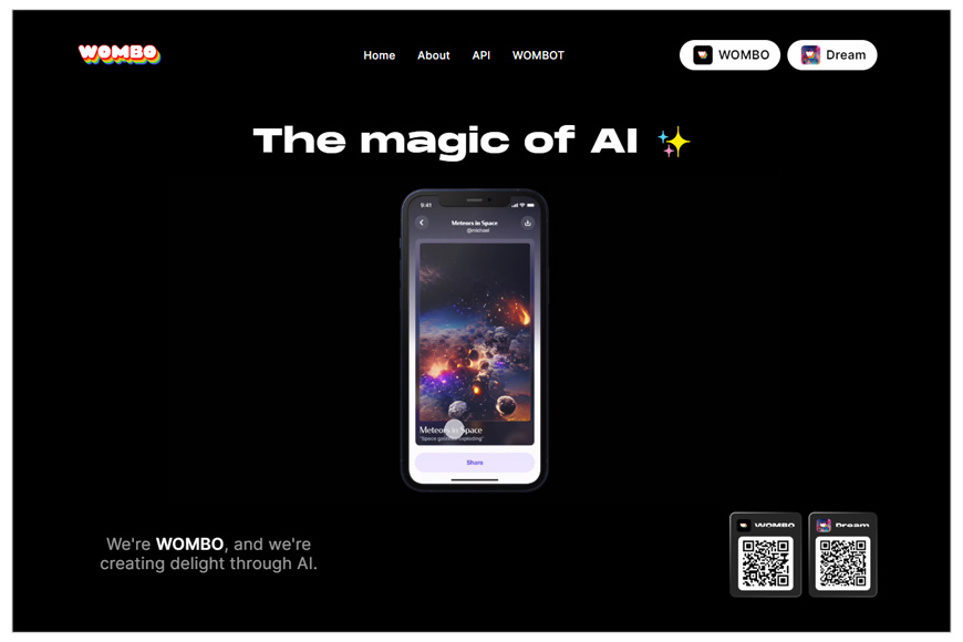 A screenshot of Dream by Wombo homepage.