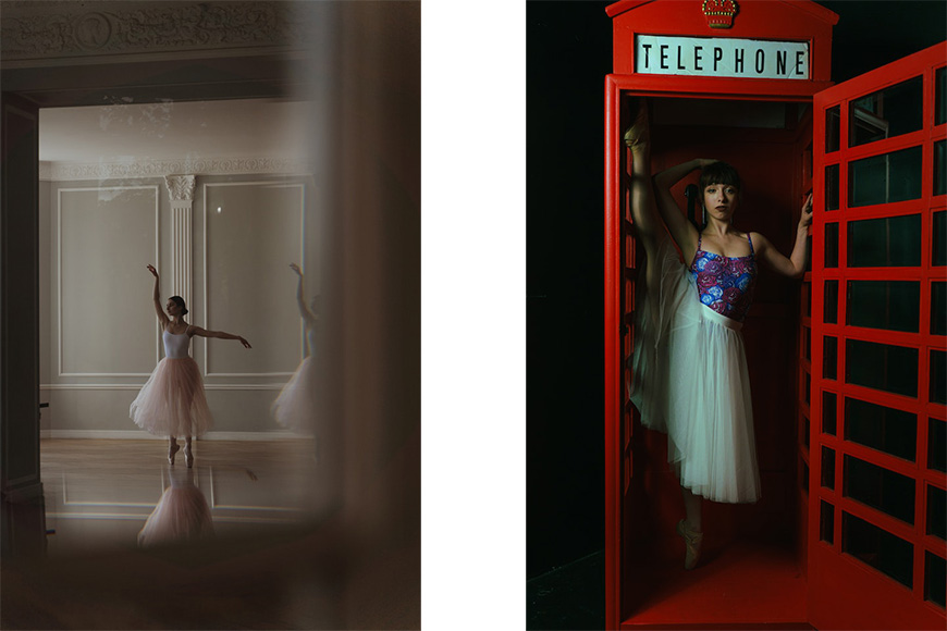 Two pictures of a ballerina in a red telephone booth.