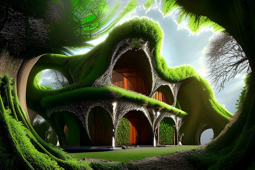 A green house in the middle of a forest.