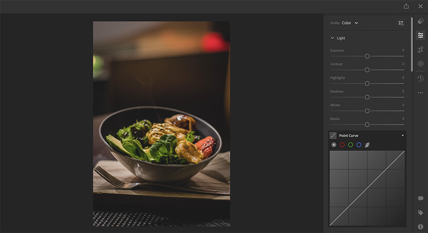 A photo of a bowl of food in adobe lightroom web.