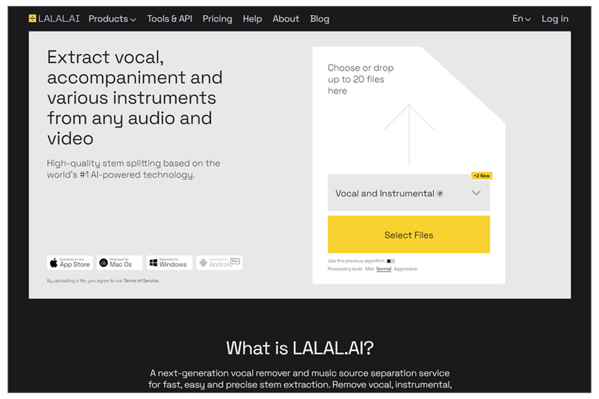 A screenshot of Lalal.ai homepage.