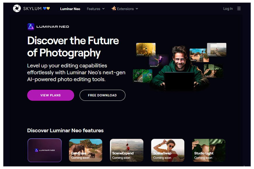 A screenshot of Luminar NEO homepage.