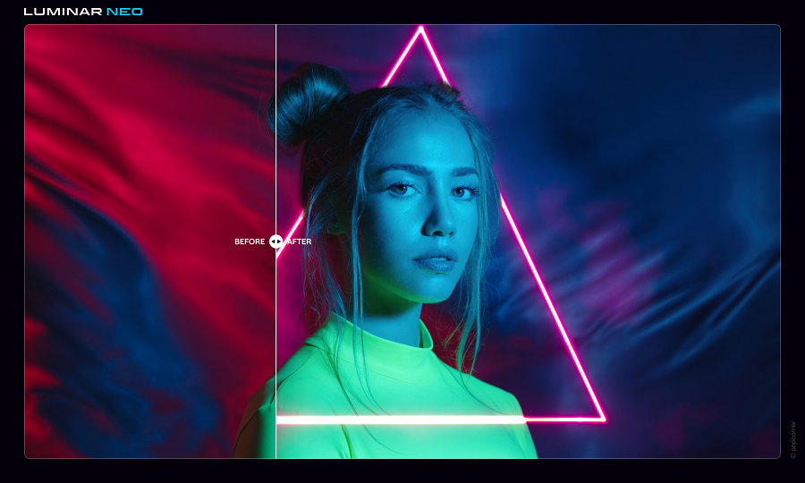 An image of a woman with a neon triangle in front of her.