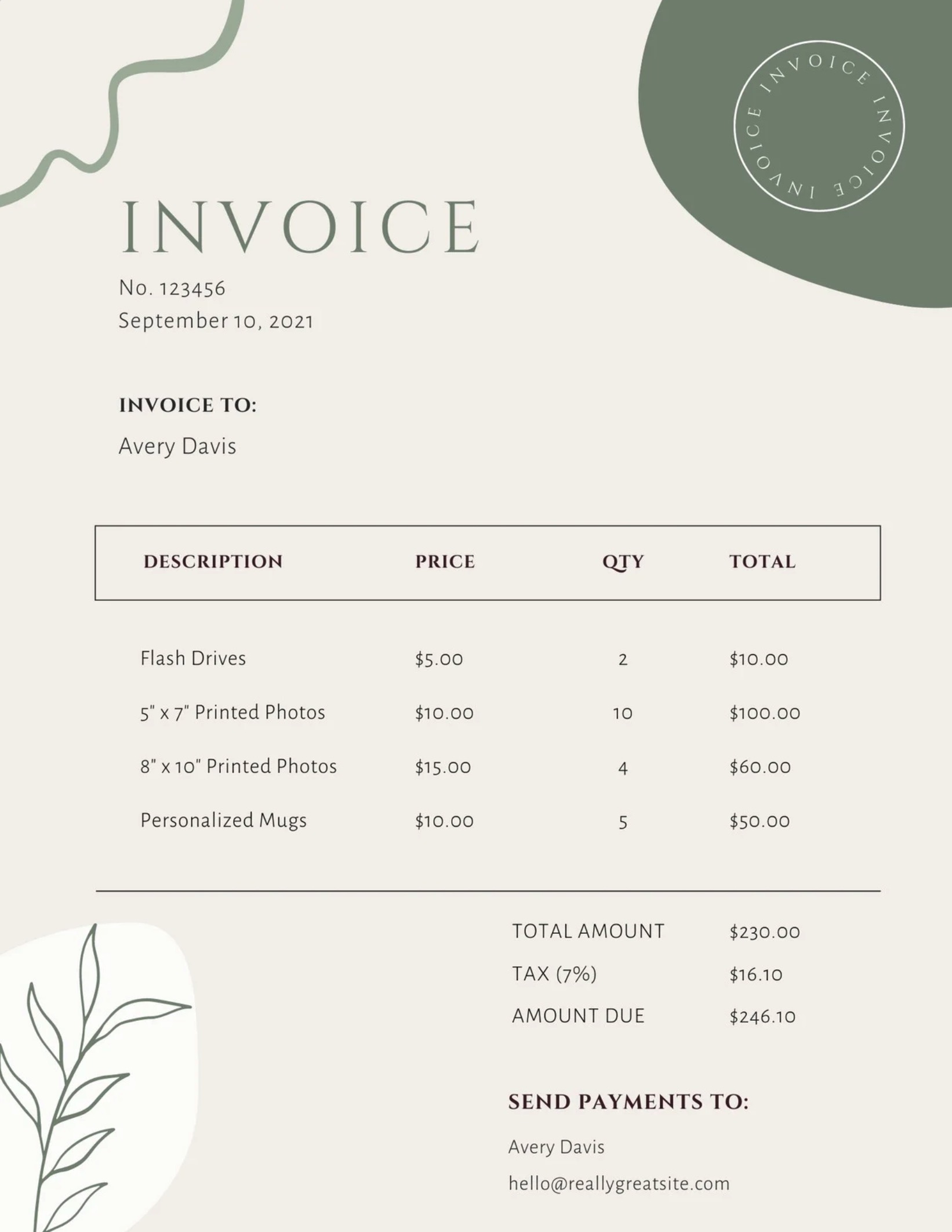 A green and white invoice template with a leaf design.