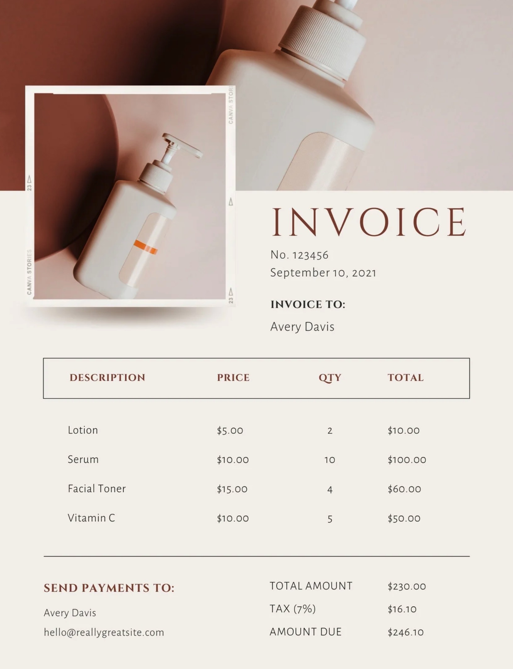 An invoice for a beauty product.