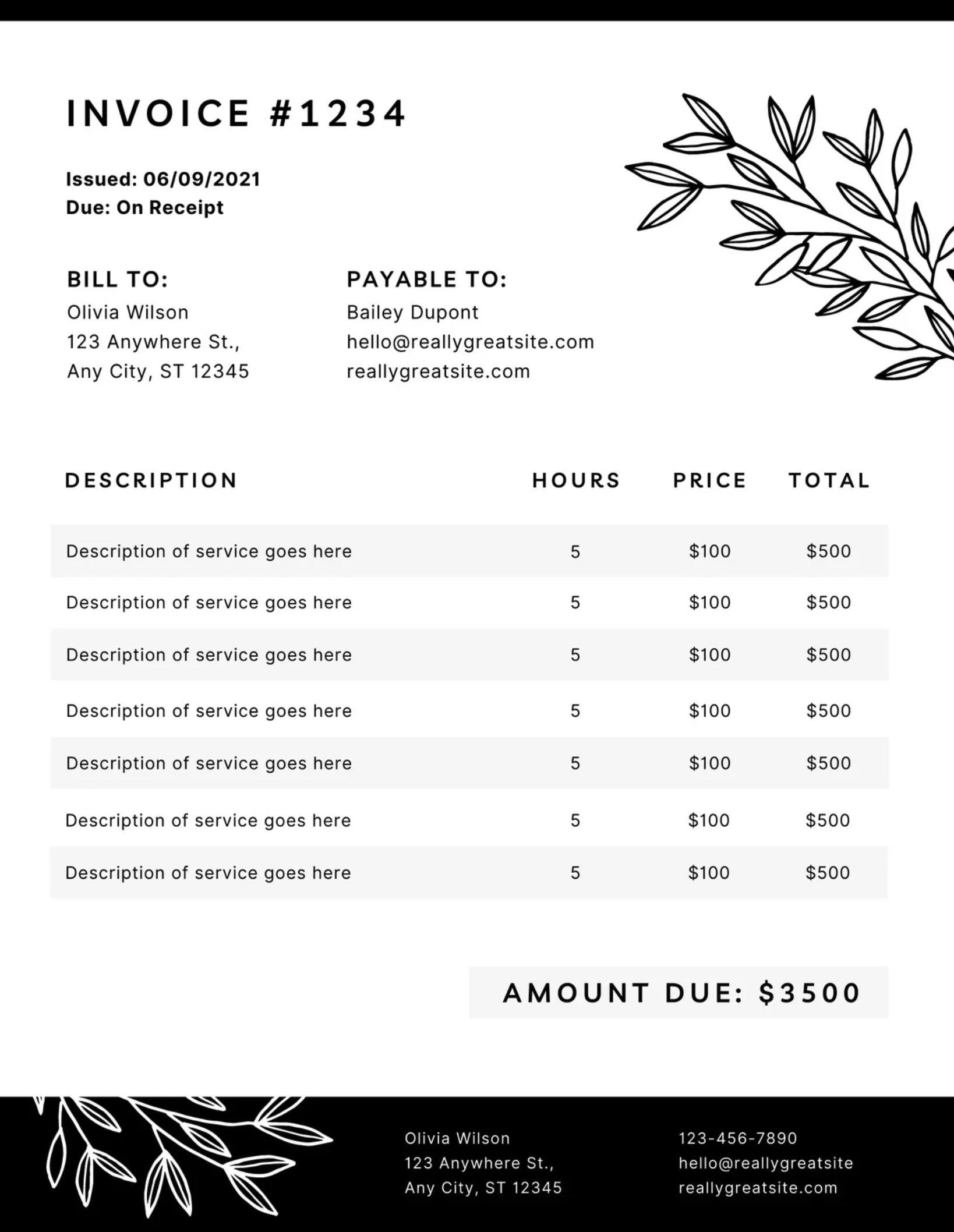 A black and white invoice template with a leaf design.