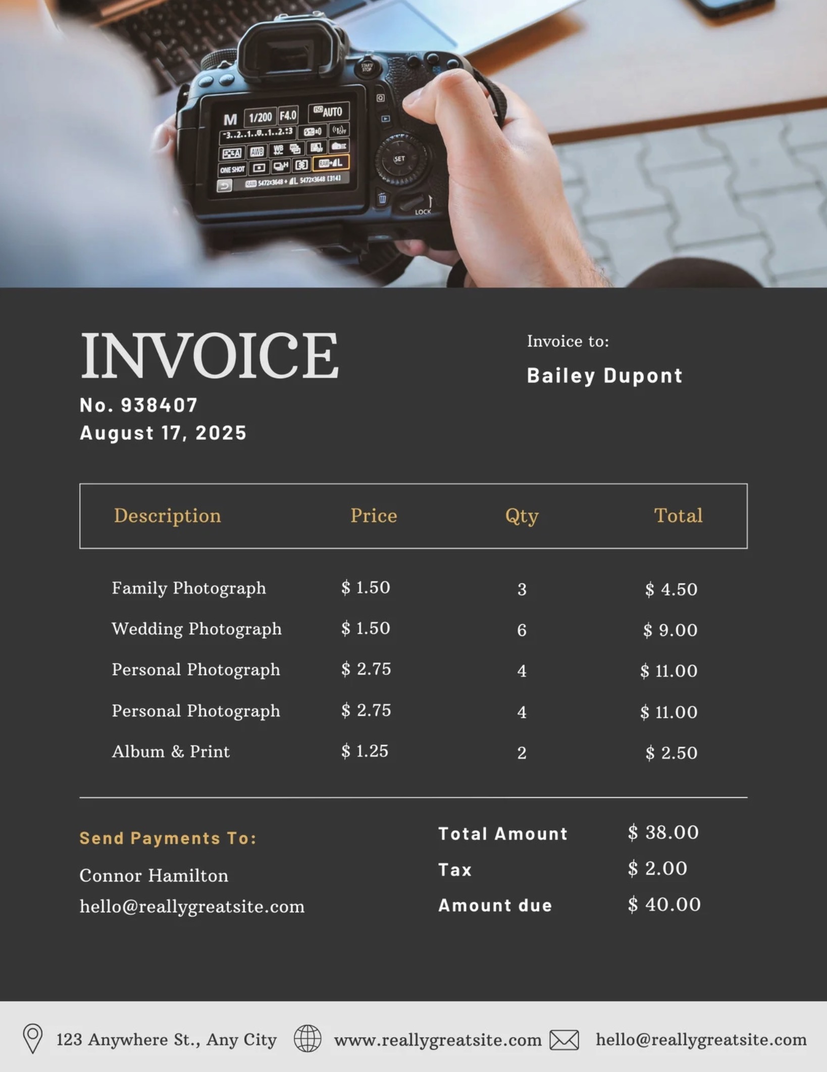 An invoice template with a person holding a camera.