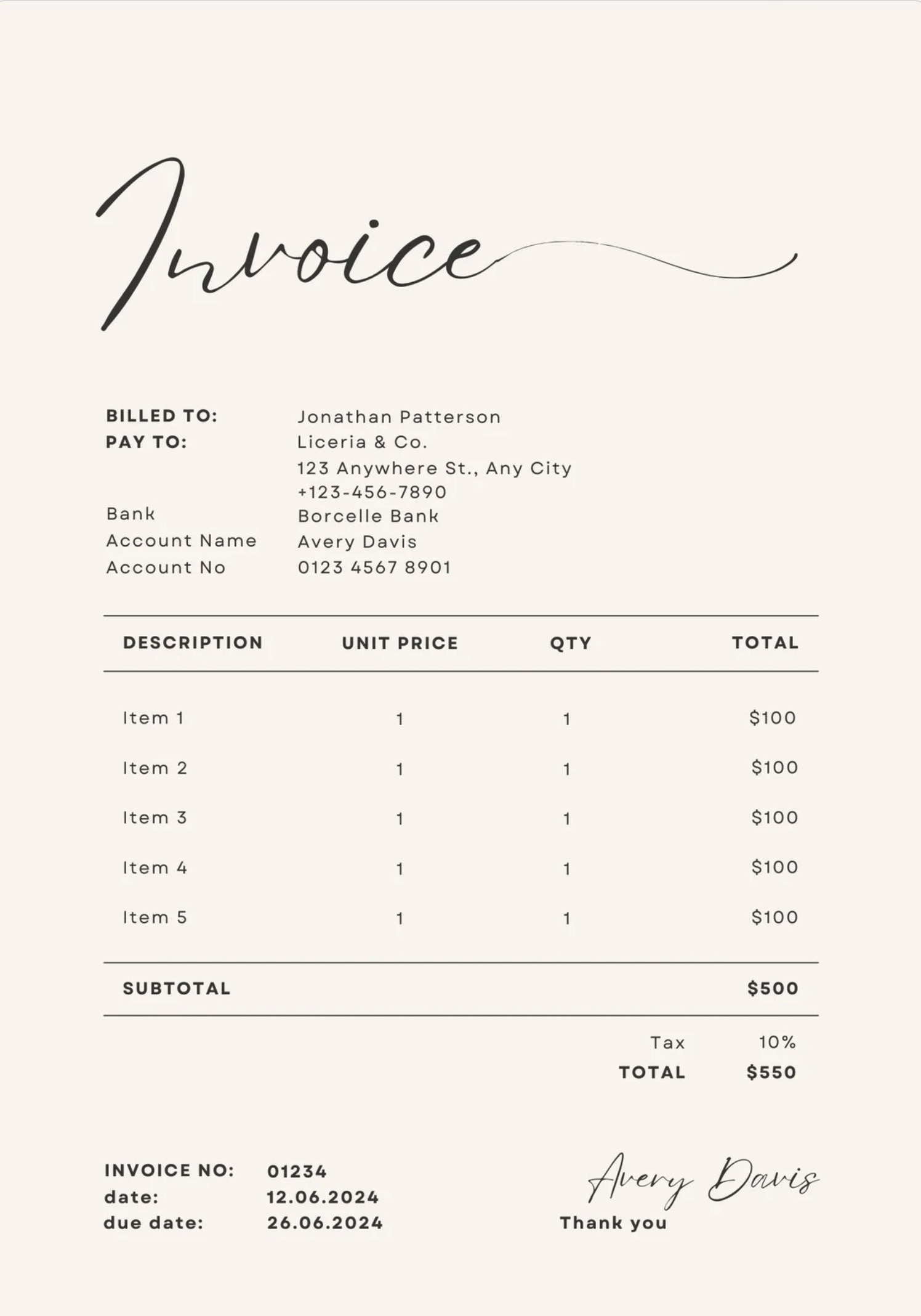 An invoice with a handwritten calligraphy.