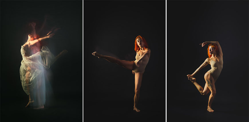 Three images of a dancer in different poses.