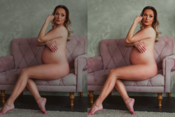 Two pictures of a pregnant woman posing on a couch.